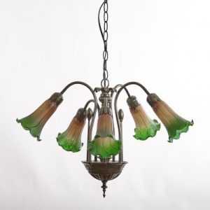 5 Light Lily Pendant Fitting complete with Amber/Green glass