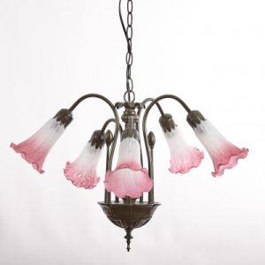 5 Light Lily Pendant Fitting complete with White/Pink Lily glass