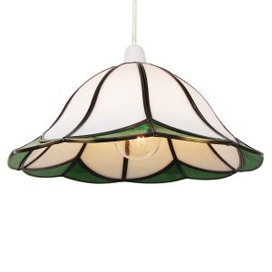 30cm White and Green Curved Stained Glass on an Antique Brass Frame