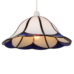 30cm White and Blue Curved Stained Glass on an Antique Brass Frame