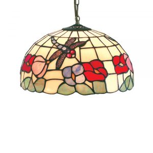 30cm Beige Dragonfly Tiffany Dome Shade with Antique Brass Suspension Chain