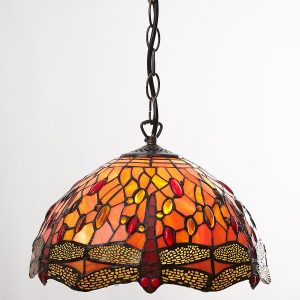 30cm Orange Dragonfly Stained Glass Shade with Antique Brass Suspension