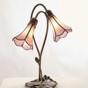 2 Light Stained Glass Pink Lily Table Lamp