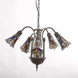 5 Light Stained Glass Harlequin Lily Pendant