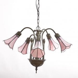 5 Light Stained Glass Pink Lily Pendant