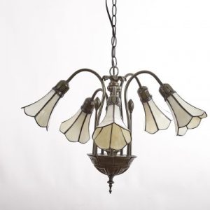 5 Light Stained Glass Beige Lily Pendant