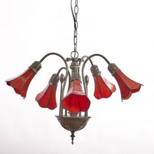 5 Light Stained Glass Red Lily Pendant