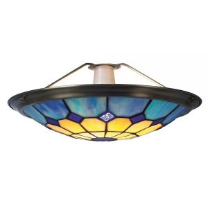 30 cm Beige/Blue Tiffany Bistro Uplighter with Antique Brass Frame