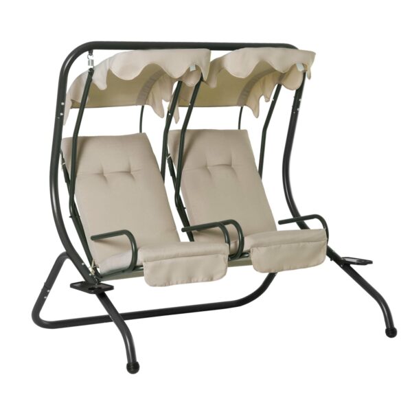 Outsunny 2Seater Swing Chair Modern Relax Chair w/ 2 Separate Chairs, Cushions and Removable Shade Canopy,
