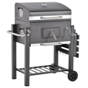 Outsunny Charcoal Grill BBQ Trolley Backyard Garden Smoker Barbecue w/ Shelf Side Table Wheels Builtin Thermometer