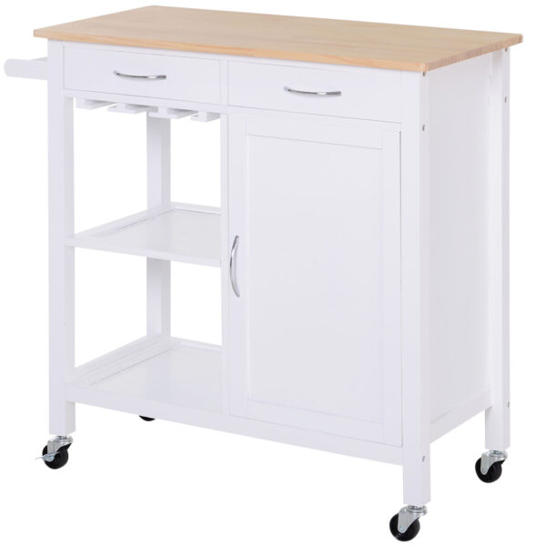 HOMCOM Kitchen Storage Trolley Cart Cupboard Rolling Wheels Shelves Cabinet Island W/ Drawers Towel Rail Wine Glass Rack Pine Wood Worktop