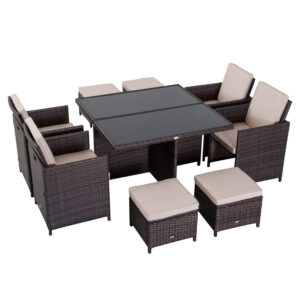 Outsunny 9PC Rattan Garden Furniture Set 8seater Wicker Outdoor Dining Set Chairs + Footrest + Table Thick Cushion
