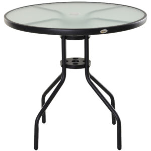 Outsunny Garden Table Outdoor Round Dining Table with Parasol Hole, Tempe Glass Top Side Table 80cm Diameter