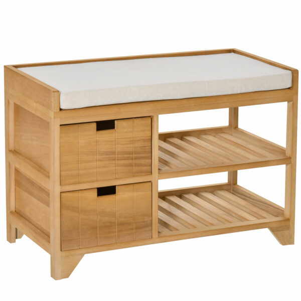 HOMCOM Wooden 2 Tier Shoe Storage Bench Rack Shelves Cushioned Seat  Entryway Hallway Organiser with 2 Drawers  Natural Wood Colour
