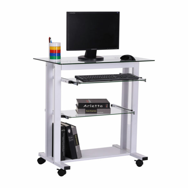HOMCOM Computer Desk Glass Table Workstation Laptop pc desk mobile  with wheels