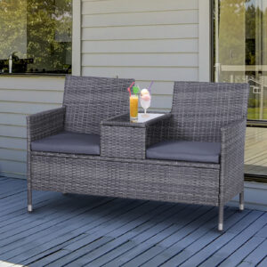 Outsunny Garden Rattan 2 Seater Companion Seat Wicker Love Seat Weave Partner Bench with Cushions Patio Outdoor Furniture