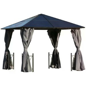 Outsunny 3 x 3m Hardtop Gazebo Canopy with Polycarbonate Roof, Steel & Aluminium Frame, Garden Pavilion with Mosquito Netting and Curtains,