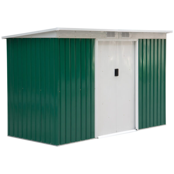 Outsunny 9ft x 4.25ft Corrugated Garden Metal Storage Shed Outdoor Equipment Tool Box with Foundation Ventilation & Doors Deep
