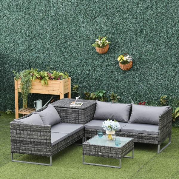 Outsunny 4 PCs Garden Rattan Wicker Outdoor Furniture Patio Corner Sofa Love Seat and Table Set  with Cushions Side Desk Storage  Mixed