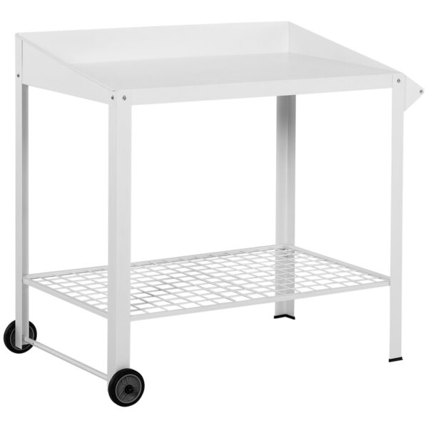 Outsunny Garden Outdoor Metal Potting Table Bench Planting Workstation Push Cart with Wheels Side Hanger