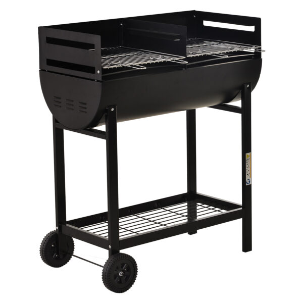 Outsunny Charcoal Barbecue Grill Garden BBQ Trolley w/ Dual Grill, Adjustable Grill Nets, Heatresistant Steel, Wheels,