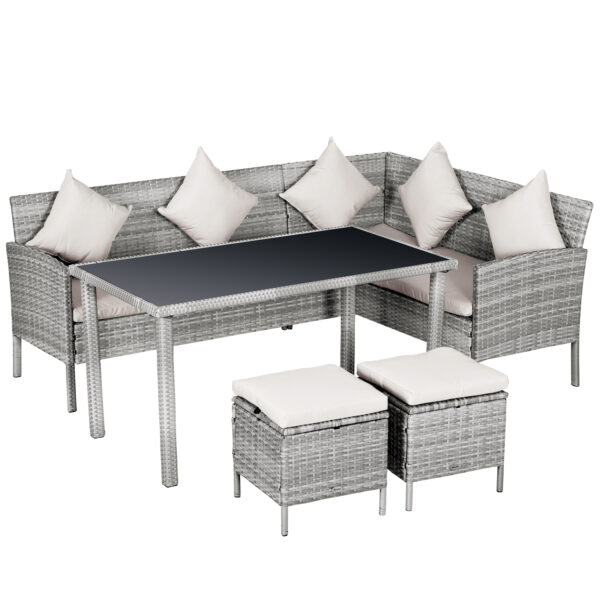 Outsunny 6Seater Garden Outdoor Patio Rattan Corner Dining Set Wicker Sofa, Foot Stool, Dining Table with  Cushions, Mixed
