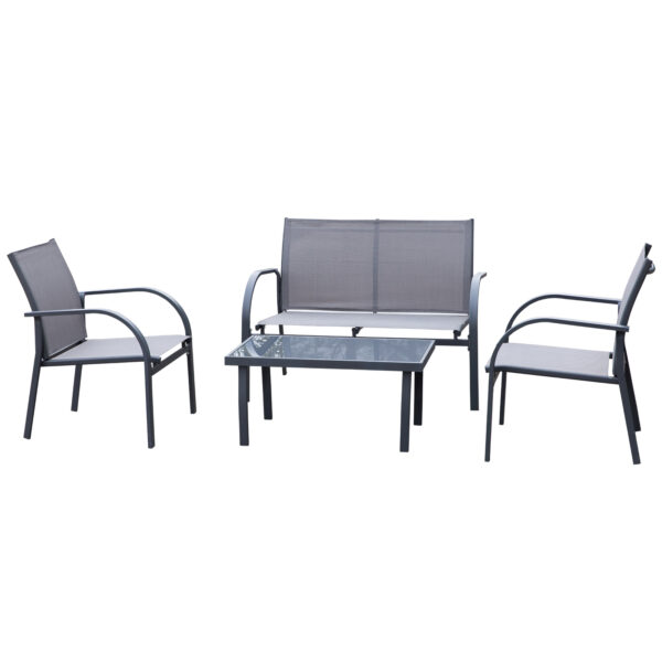Outsunny 4 pcs Curved Steel Patio Furniture Set w/ Loveseat, Texteline Seats, Glass Top Table For Party Event,