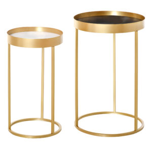 HOMCOM Set of 2 Nesting  Tables with Gold Metal Base, Nest of Tables with Embedded Tabletop in Marble Color, Living Room, Bedroom