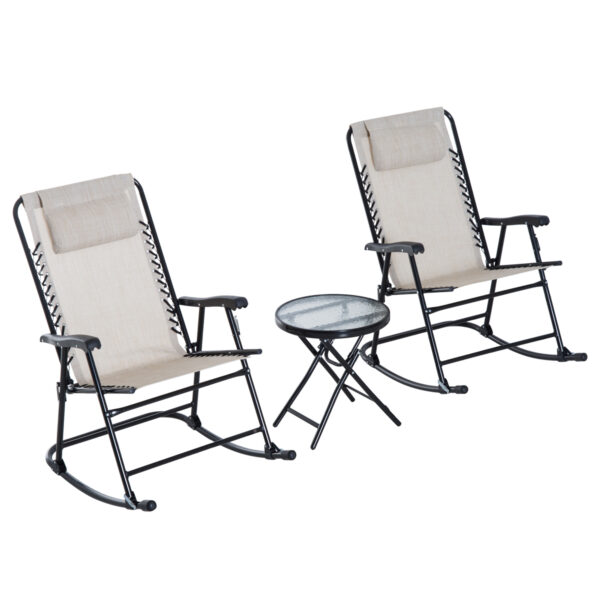 Outsunny 3 Piece Outdoor Rocking Set with 2 Folding Chairs and 1 Tempe Glass Table, Patio Bistro Set for Garden, Deck,