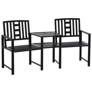Outsunny Patio Teteatete Chair 2 Seat Bench Middle  Table w/ Umbrella Hole for Outdoors Decorative Slatted Design Steel Frame