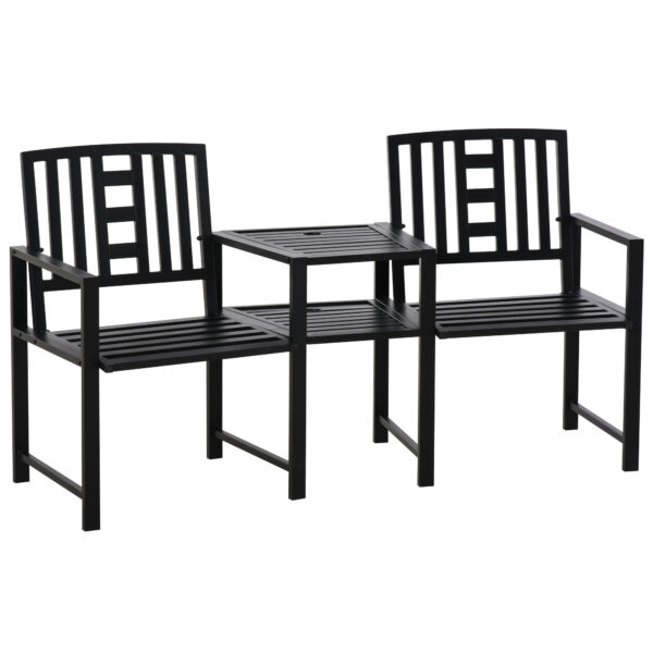 Outsunny Patio Teteatete Chair 2 Seat Bench Middle Table w/ Umbrella Hole for Outdoors Decorative Slatted Design Steel Frame