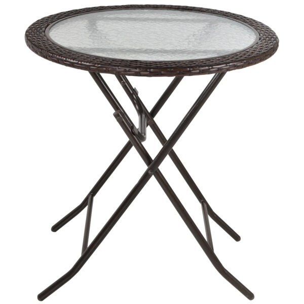 Outsunny Folding Round Tempe Glass Metal Table with  Rattan Edging