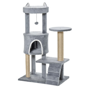 PawHut 100cm Cat Tree Tower Condo Multi Platform Kitty Cat Center with Climbing Ladder Scratching Post Hanging Toy Ball, Light