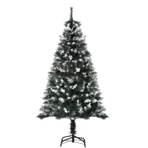 HOMCOM 5FT Artificial Snow Dipped Christmas Tree Xmas Pencil Tree Holiday Home Indoor Decoration with Foldable Feet  Berries