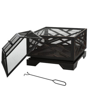 Outsunny 66cm 2 in 1 Square Fire Pit Metal Brazier for Garden, Patio with BBQ Grill Shelf & Spark Screen Cover & Poker,
