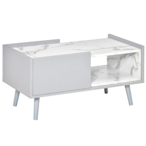 HOMCOM TwoTone Table | Duo Storage Side Storage Furniture | Modern Marble Effect w/ Shelf Drawer Table Top Wood Legs