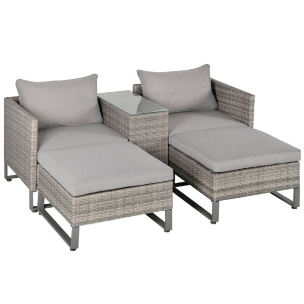 Outsunny 2 Seater Patio Rattan Wicker Sofa Set Chaise Lounge Double Sofa Bed Furniture w/  Table & Footstool for Patios, Garden, Backyard,