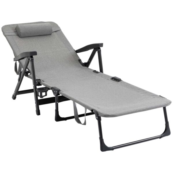 Outsunny Folding Sun Lounger, Mesh Fabric Chaise Lounge Chair, 7Reclining Position Sleeping Bed with Pillow & Cup Holder for Poolside, Light