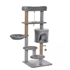 PawHut Cat Tree Cat Scratching Post 120cm with Jute Scratching Post Perch Hanging Ball Hammock Teasing Rope Condo Toy Light