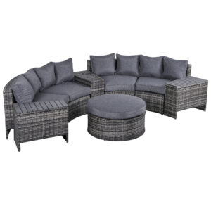 Outsunny 4Seater Outdoor PE Rattan Wicker Sofa Set Half Round Conversation w/ 1 Umbrella Hole Side Table and 2 Storage Side Tables