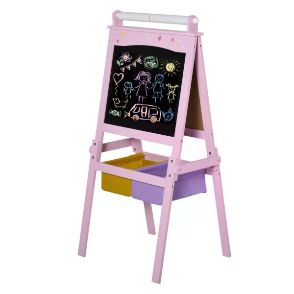HOMCOM 3 In 1 Kids Wooden Art Easel with Paper Roll DoubleSided Chalkboard & board with Storage Baskets Gift for Toddler Girl Age 3 Years+