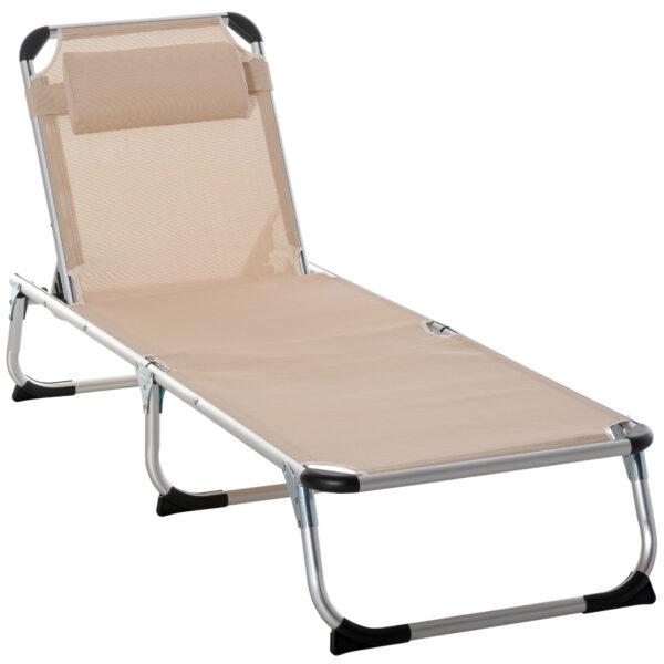 Outsunny Foldable Reclining Sun Lounger Lounge Chair Camping Bed Cot with Pillow 5Level Adjustable Back Aluminium Frame Khaki