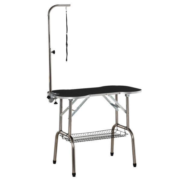 PawHut Foldable Pet Grooming Table Dog Drying Table with Adjustable Arm NonSlip Rubber Tabletop Aluminium Alloy Edge Stainless Steel Bar Sling