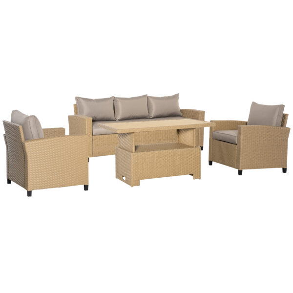 Outsunny 5Seater Garden PE Rattan Sofa Set, Patio Wicker Aluminium Frame Conversation w/ Wood Grain Plastic Table, Khaki