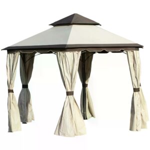 Outsunny 3.4m Steel Gazebo Canopy Party Tent Garden Pavilion Patio Shelter with Curtains & 2 Tier Roof,