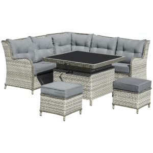 Outsunny 7Seater Patio PE Rattan Corner Sofa w/ Adjustable Convertible Rising Table, Wicker Sectional Conversation Furniture w/ Cushions,