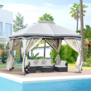 Outsunny 3.7 x 3m Metal Gazebo Canopy Party Tent Garden Patio Shelter with Netting Sidewalls & Double Tie Roof,