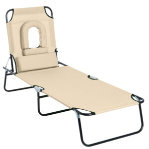 Outsunny Sun Lounger Foldable Reclining Chair with Pillow and Reading Hole Garden Beach Outdoor Recliner Adjustable