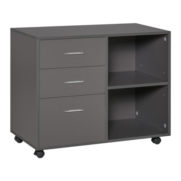 HOMCOM Freestanding Printer Stand Unit Office Desk Side Mobile Storage w/ Wheels 3 Drawers, 2 Open Shelves Modern Style 80L x 40W x 65H cm
