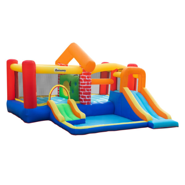 Outsunny 4 in 1 Kids Bounce Castle Extra Large Double Slides & Trampoline Design Inflatable House Pool Climbing Wall for Kids Age 38, 3.8x3.7x2.3m